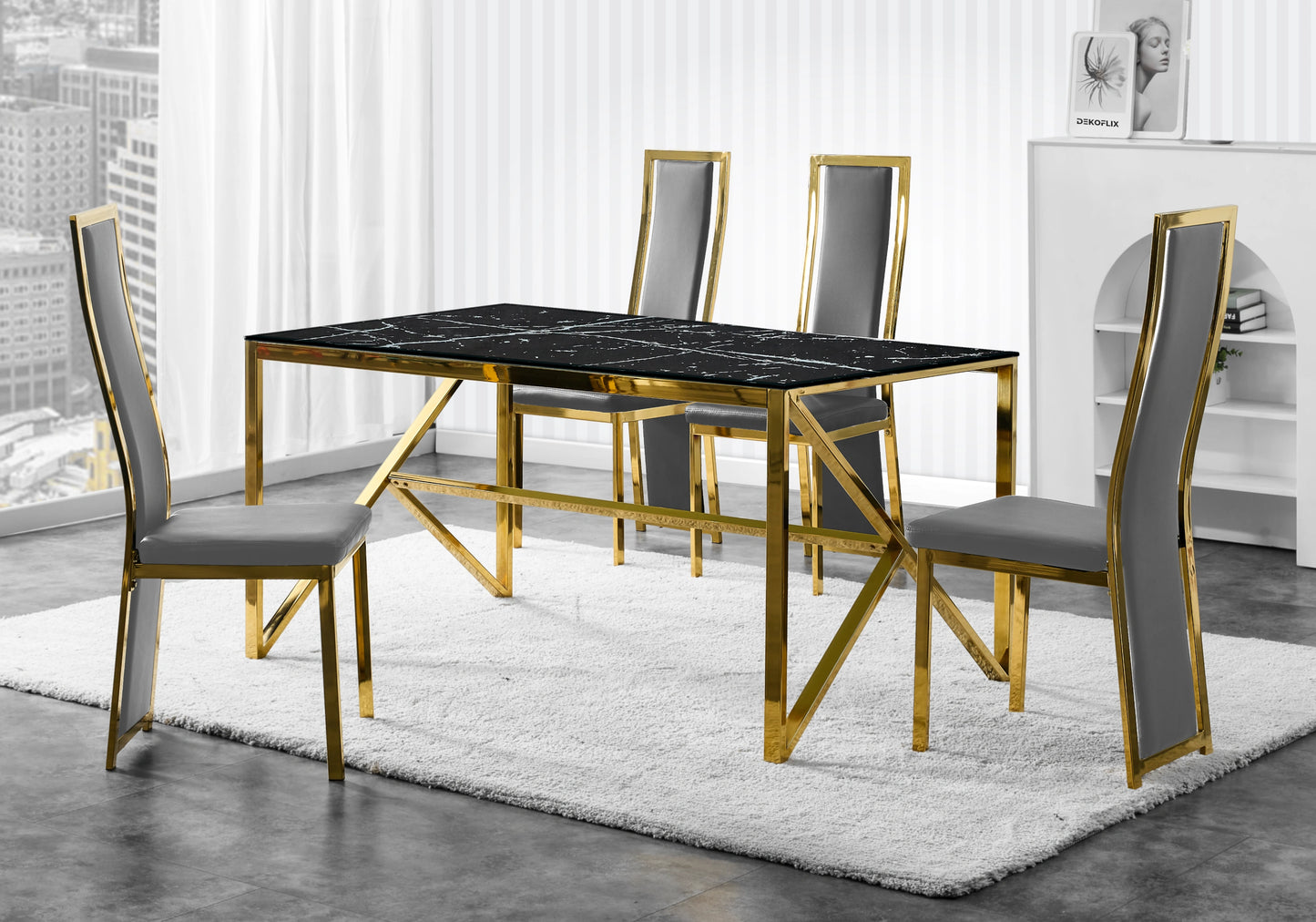 Table marbre noir et 6 chaises simili-cuir doré – Jessy
