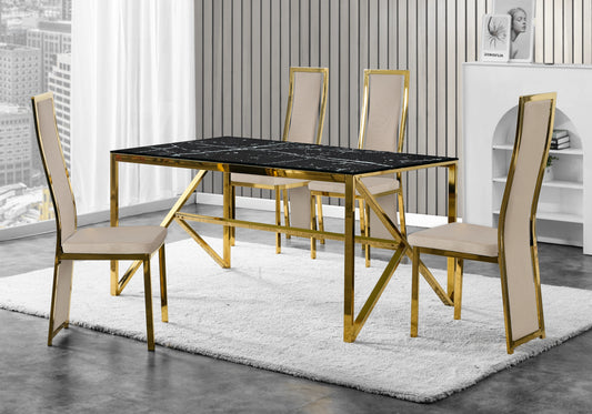 Table marbre noir et 6 chaises velours doré – Jessy