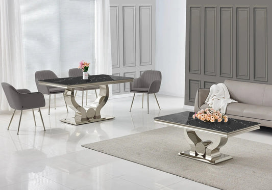 Ensemble table marbre noir et chaises anthracite NEA New Design