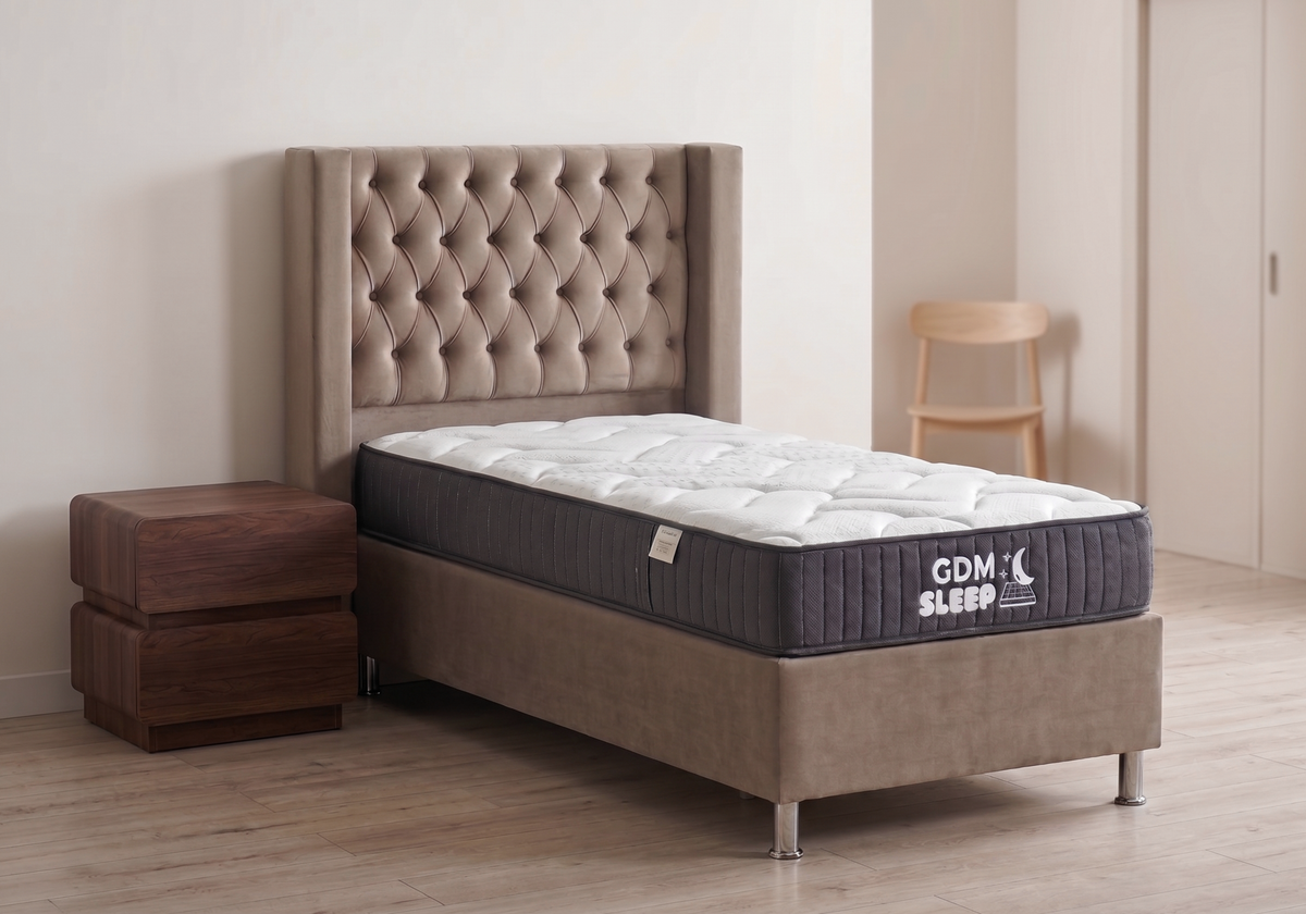 Ensemble lit coffre taupe et matelas ressorts 90x190 - Kobe