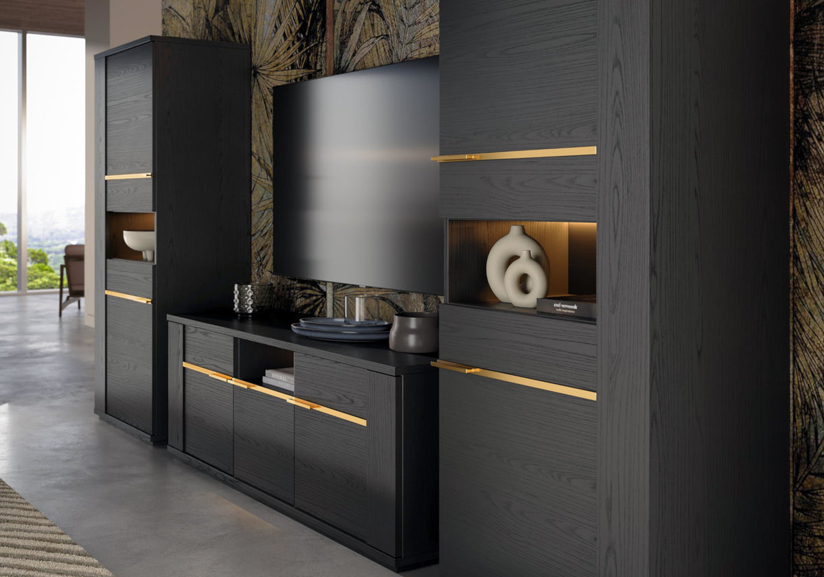 Vitrine colonne 1 porte LED bois noir | Pegaso