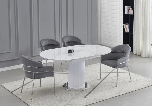 Ensemble table ronde marbre blanc et chaises grises – LEON