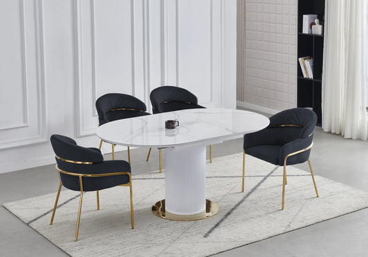 Ensemble table marbre blanc et chaises noires doré – LEON