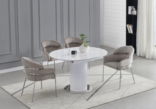 Ensemble table marbre blanc et chaises taupe chromé – LEON