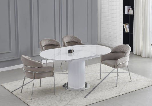 Ensemble table marbre blanc et chaises taupe chromé – LEON