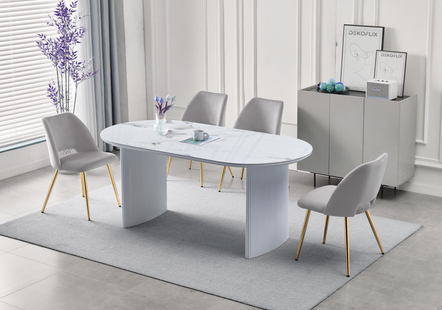 Table à manger ovale marbre beige cannelé – Kara