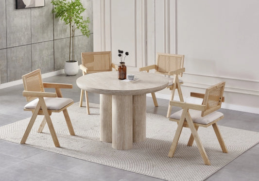 Ensemble table ronde travertin et chaises cannage - LUMIA