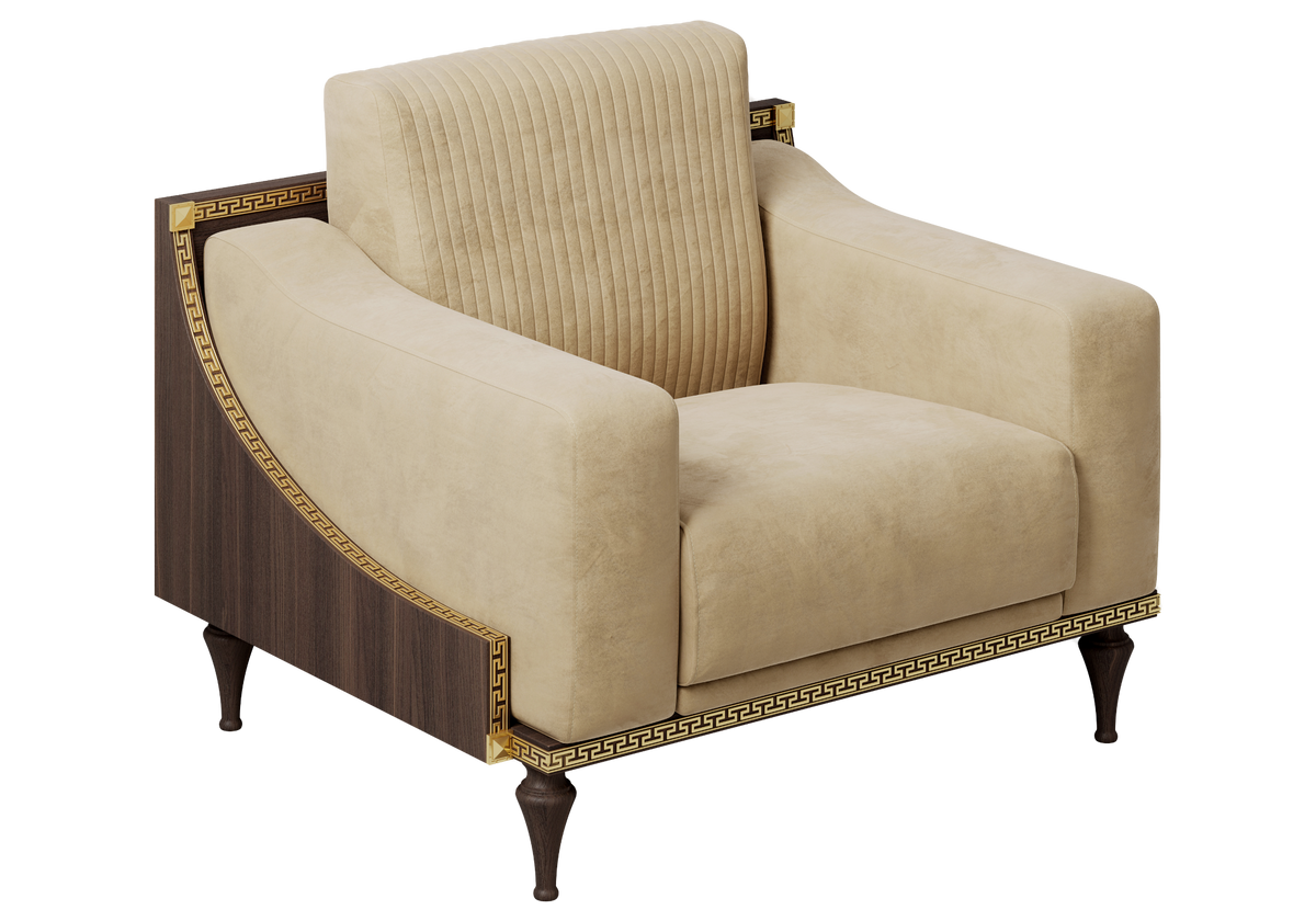 Fauteuil de salon en velours taupe noyer et or 24K - Romantica