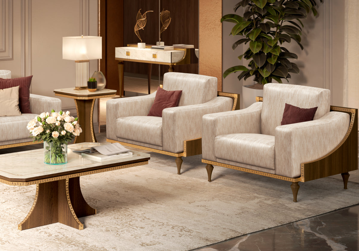 Fauteuil de salon en tissu beige noyer et or 24K - Romantica