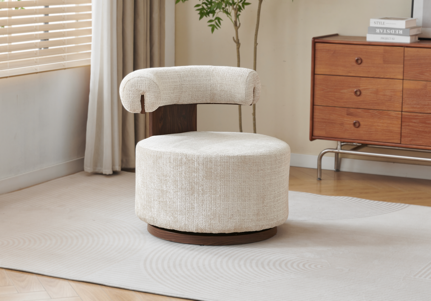 Fauteuil pivotant organique beige noyer – Oslo