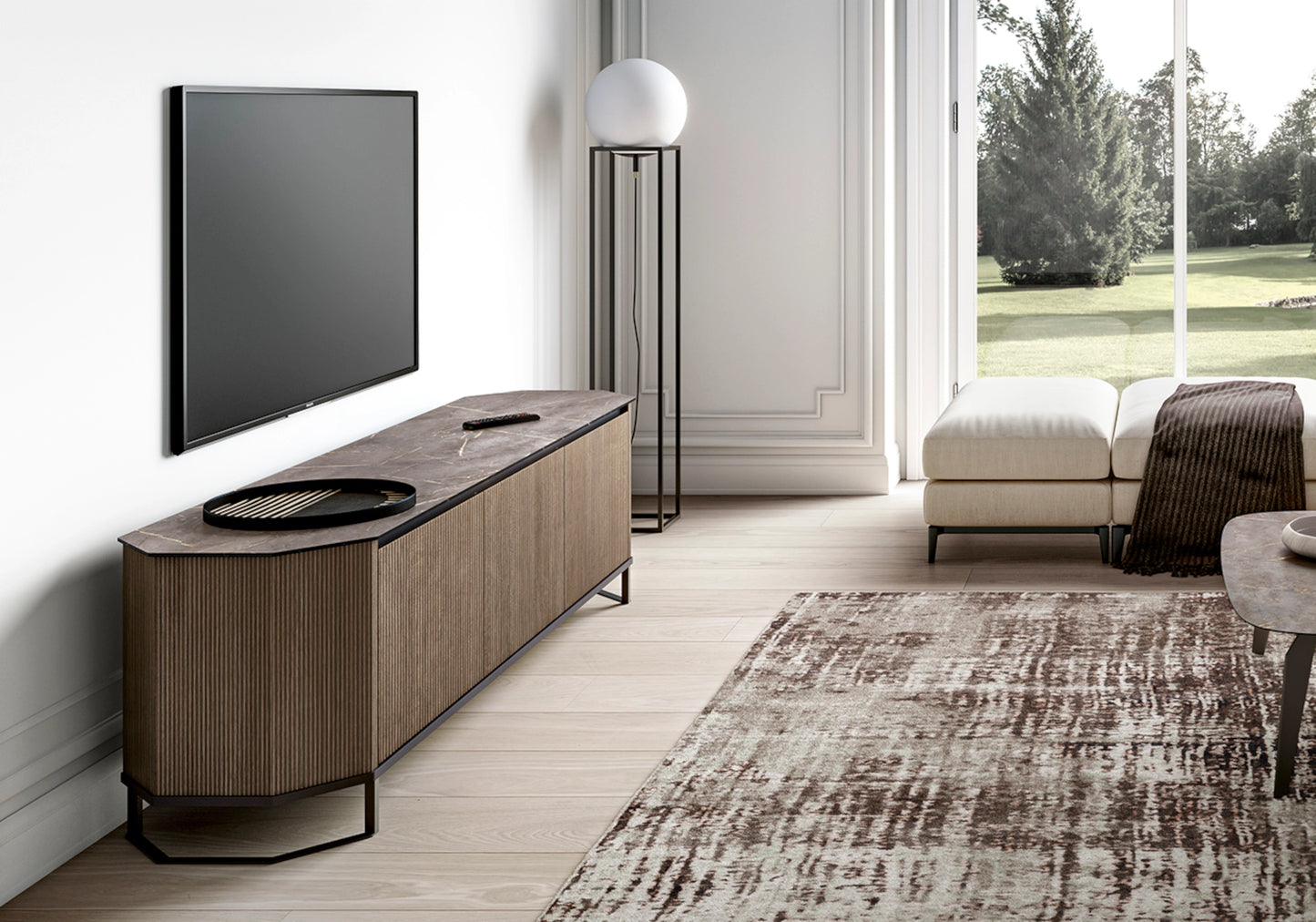 Hexagon – Meuble TV 3 Portes en Bois Cannelé Miel - Made in Italy - DEKOFLIX