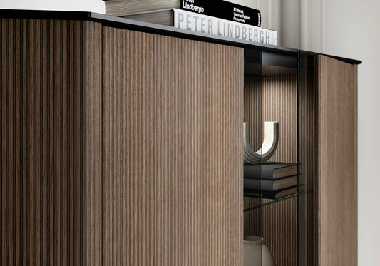 Hexagon – Vitrine Bois Cannelé Miel avec Lumières Intégrées - DEKOFLIX