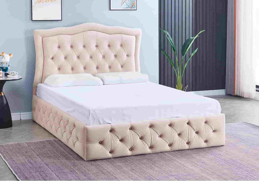 Lit capitonné en velours beige MELIS - DEKOFLIX