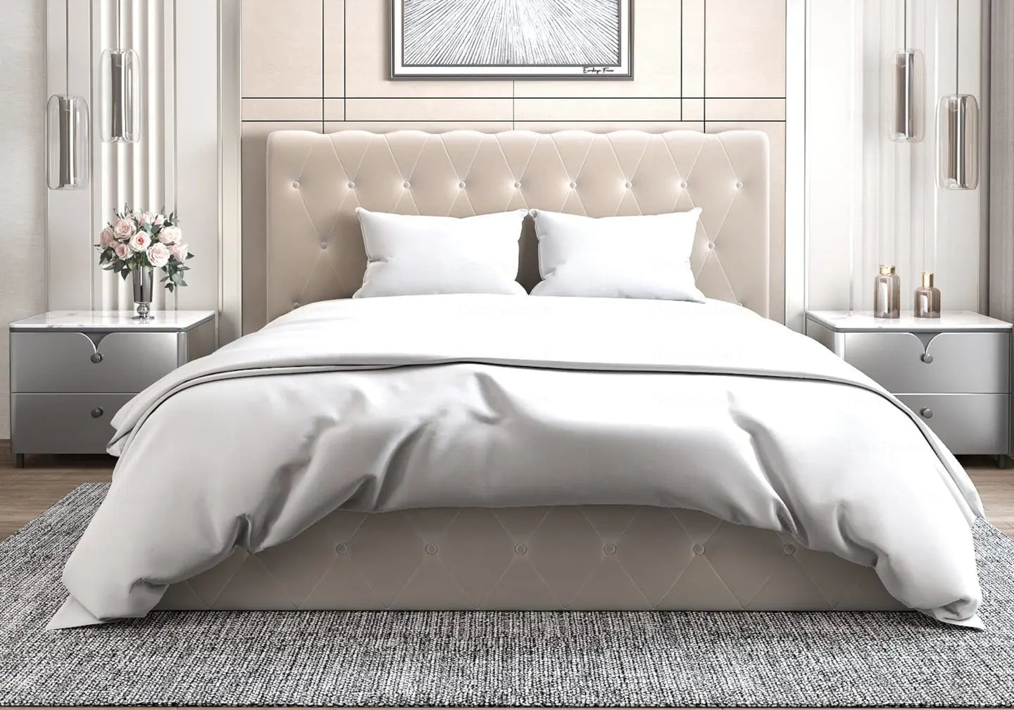 Lit coffre velours beige capitonné LISE New Design