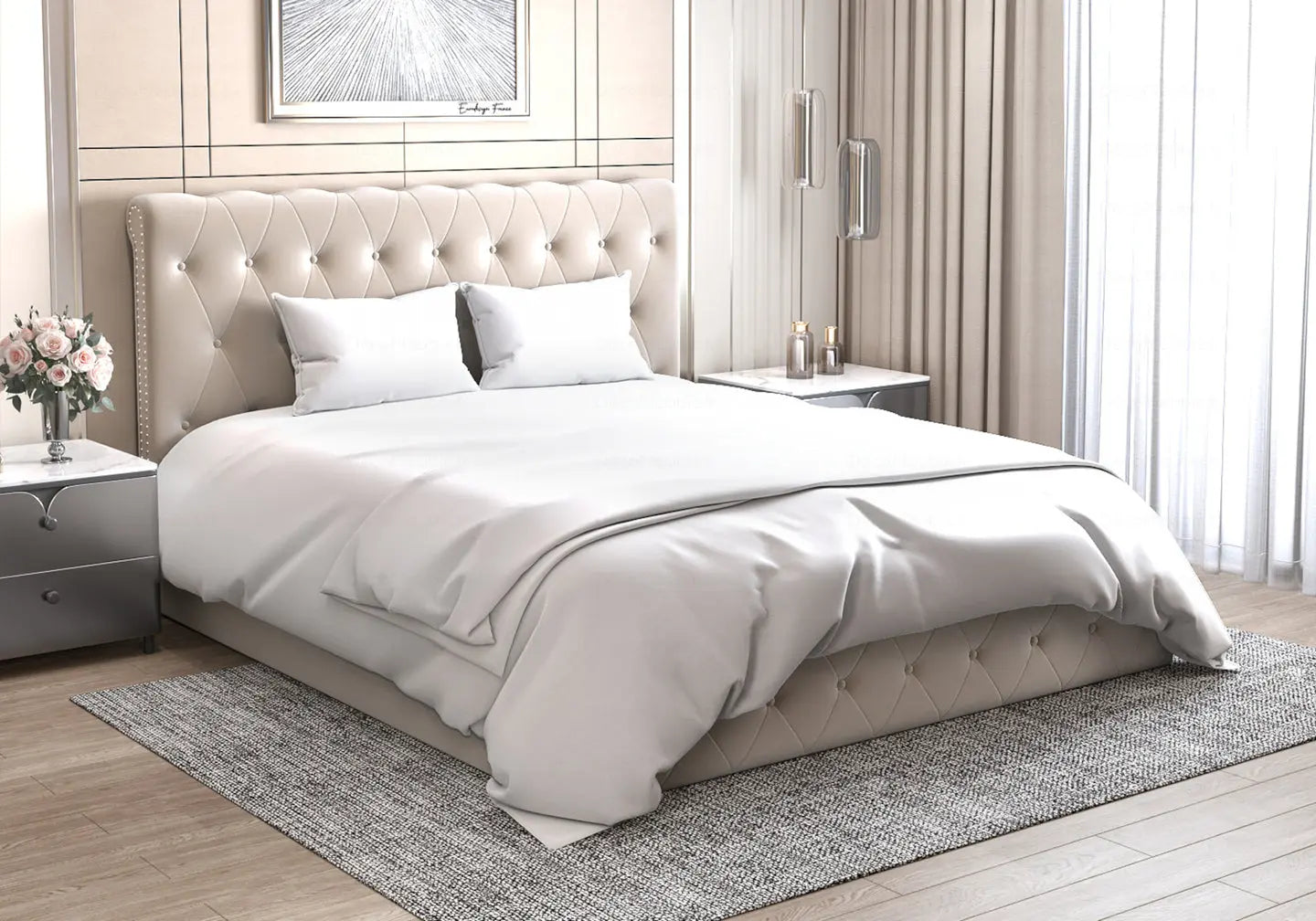 Lit coffre velours beige capitonné LISE New Design