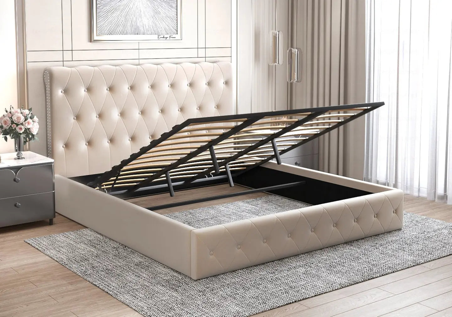 Lit coffre velours beige capitonné LISE New Design