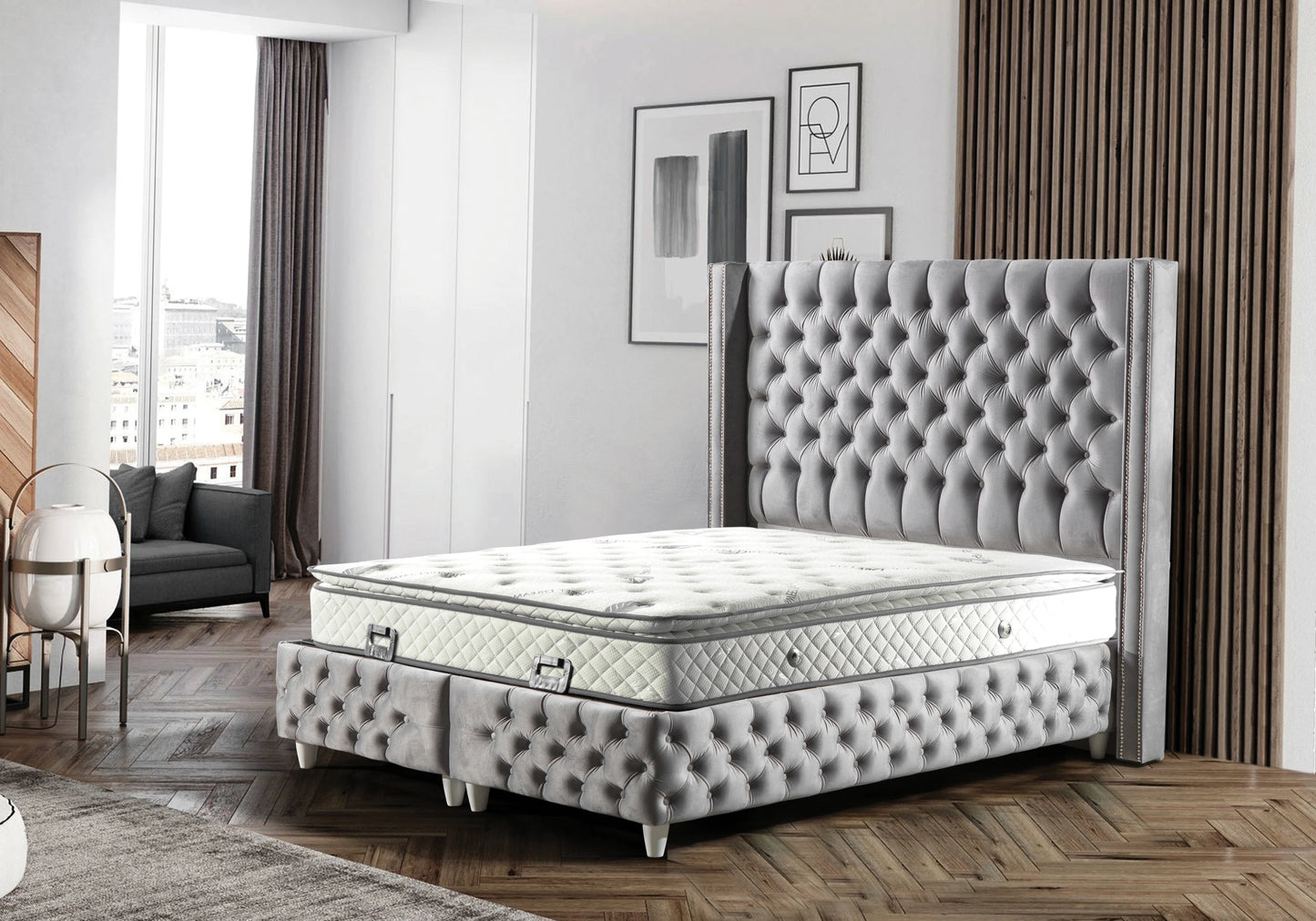 Lit Turc Capitonné Velours Gris Coffre Rangement – STAR - DEKOFLIX