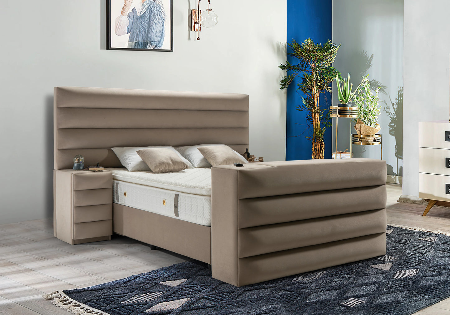 Lit coffre capitonné taupe avec système TV – WAVE