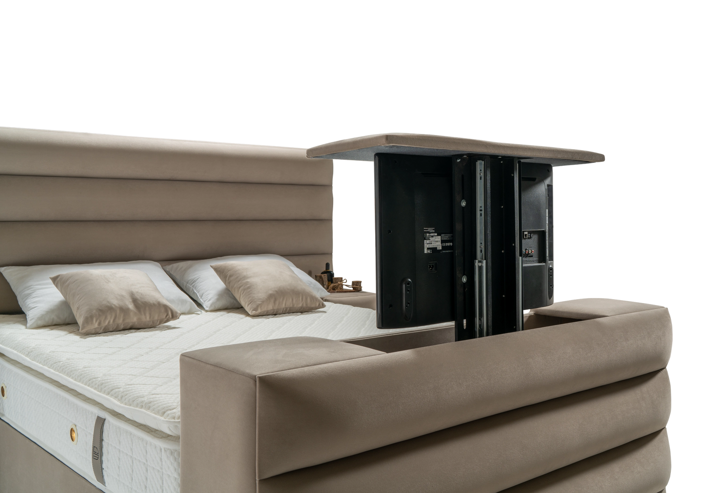 Lit coffre capitonné taupe avec système TV – WAVE