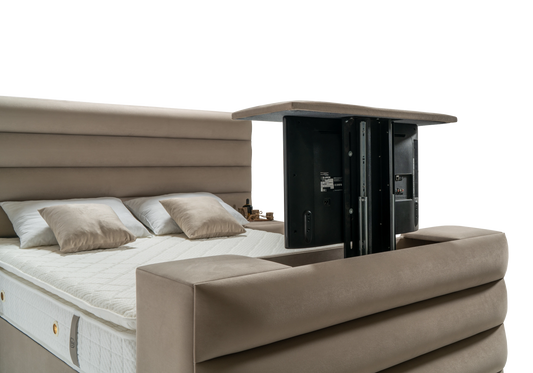 Lit coffre capitonné taupe avec système TV – WAVE