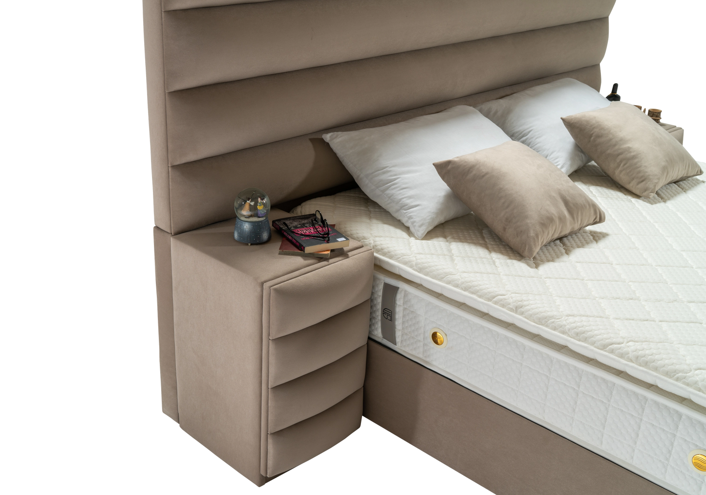 Lit coffre capitonné taupe avec système TV – WAVE