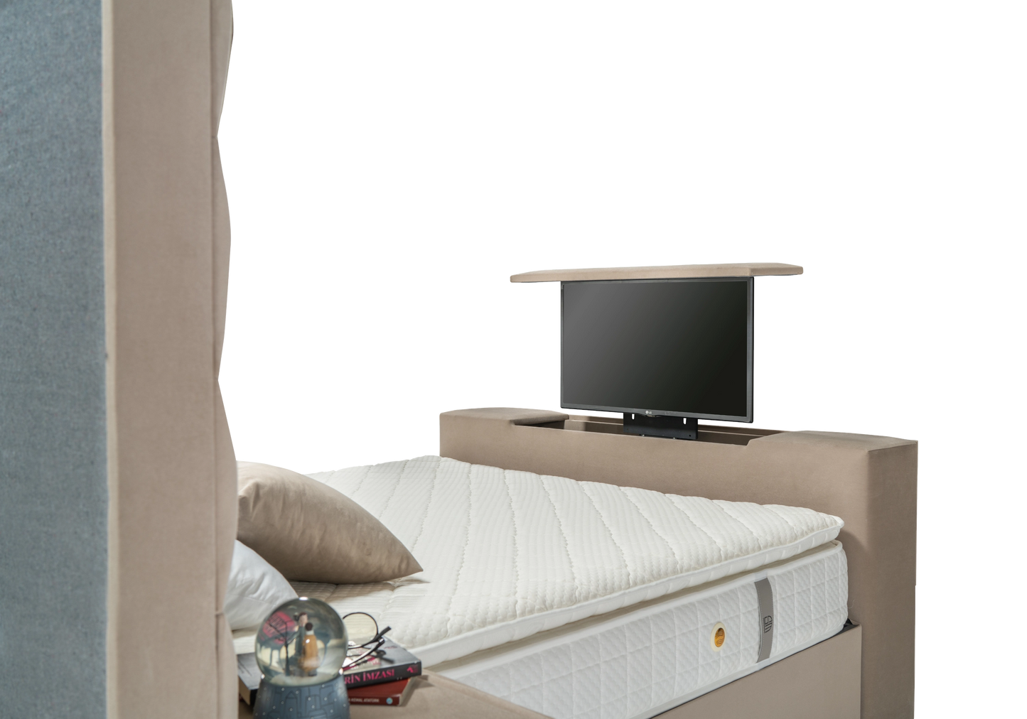 Lit coffre capitonné taupe avec système TV – WAVE