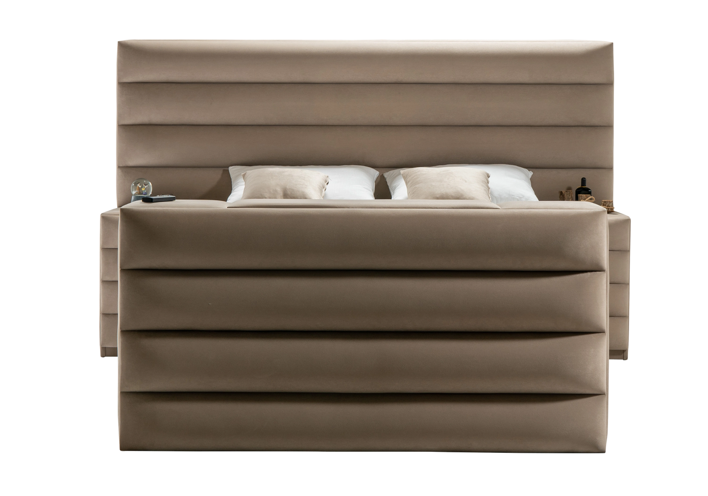 Lit coffre capitonné taupe avec système TV – WAVE