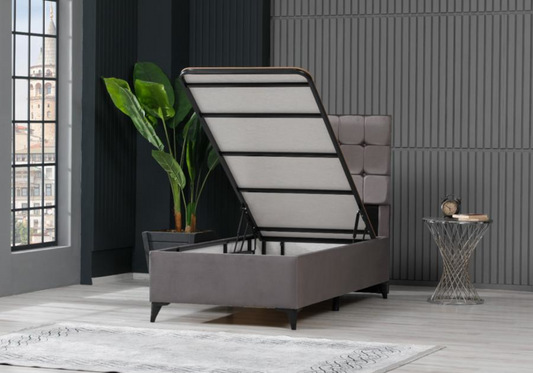Ensemble lit coffre et matelas 1 place gris - Lore