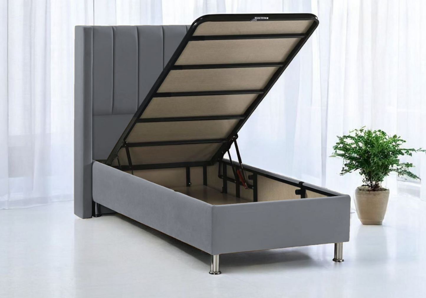 Lit coffre complet 1 place velours gris – Tokyo