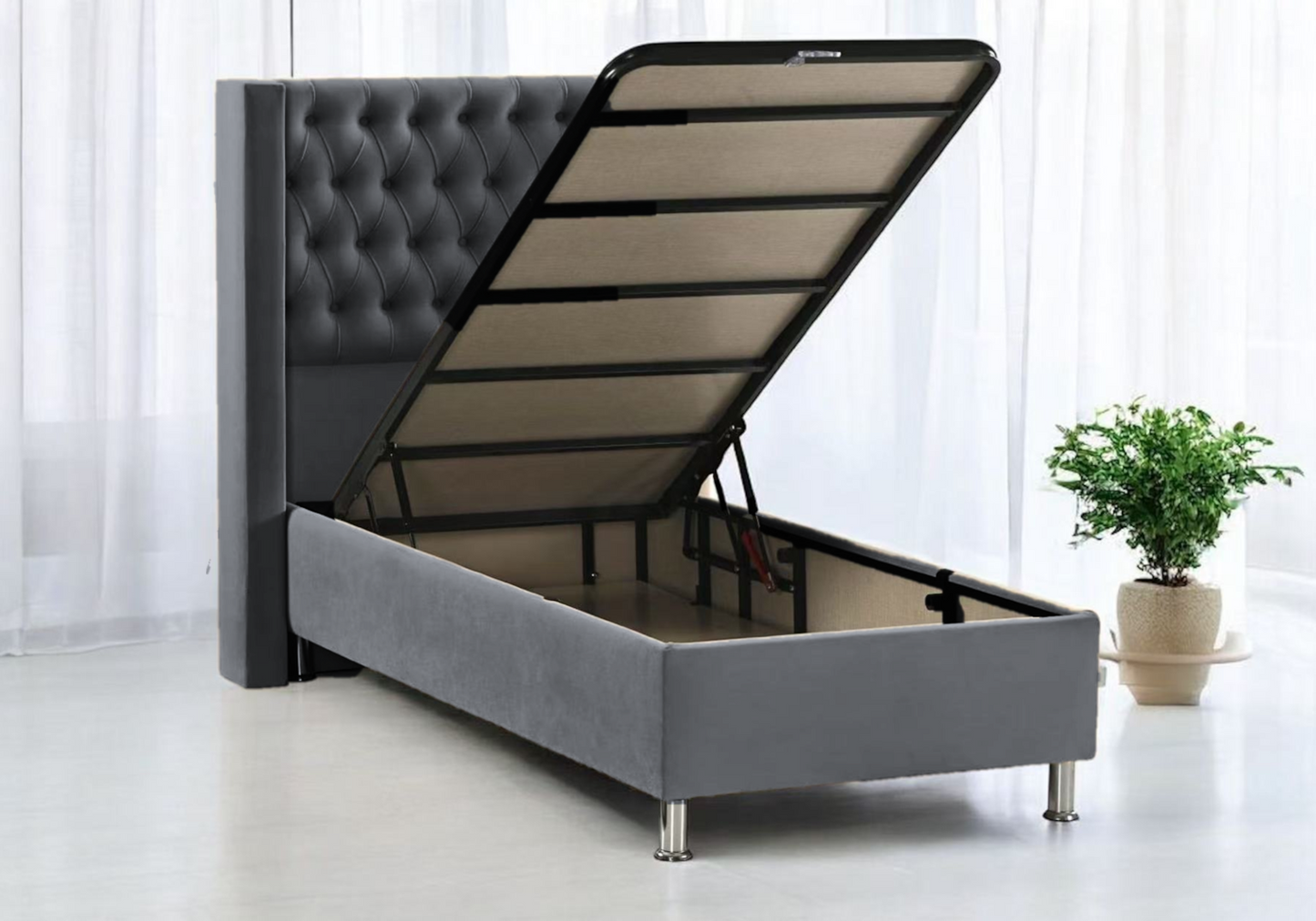 Lit coffre complet velours gris 90x190 – Kobe