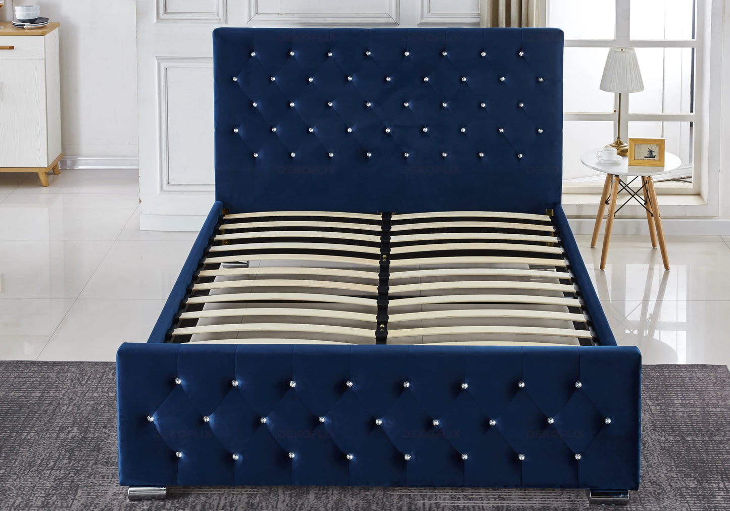 Lit double capitonné en velours bleu avec strass - ANIS