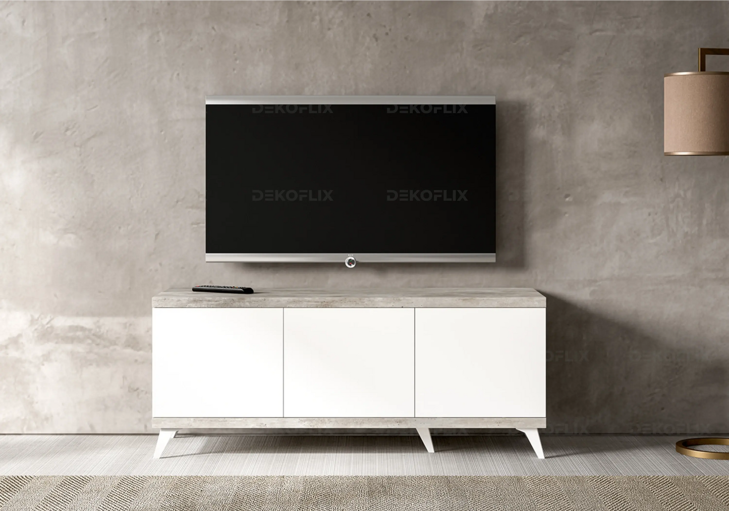Meuble TV Moderne Blanc Béton – Modèles 3 ou 4 Portes Treviso Status