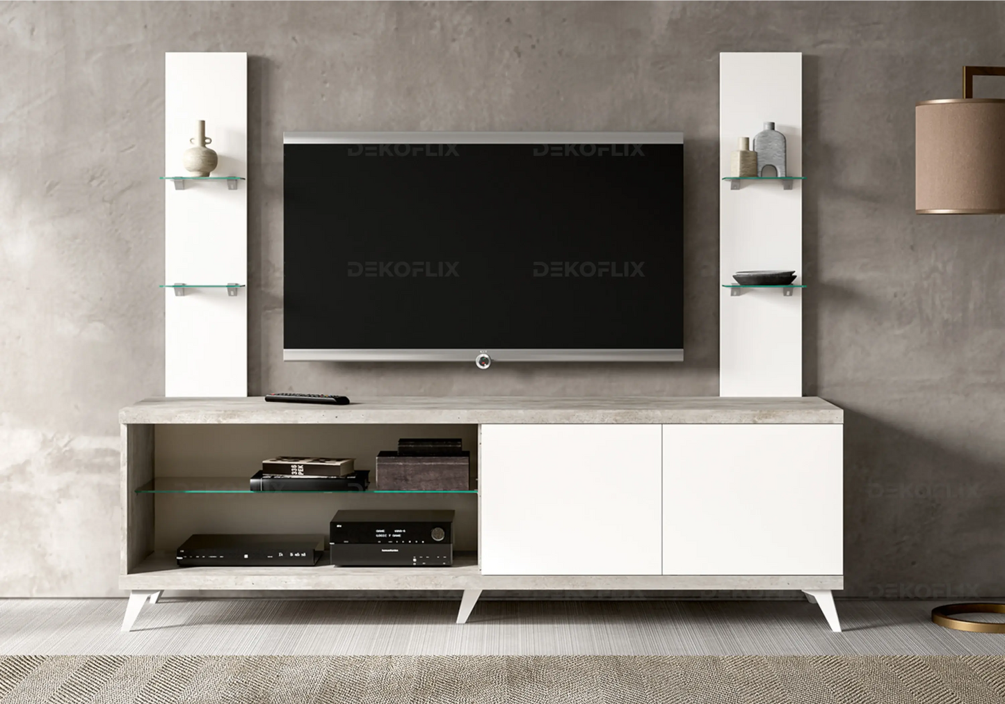 Meuble TV Moderne Blanc Béton – Modèles 3 ou 4 Portes Treviso Status