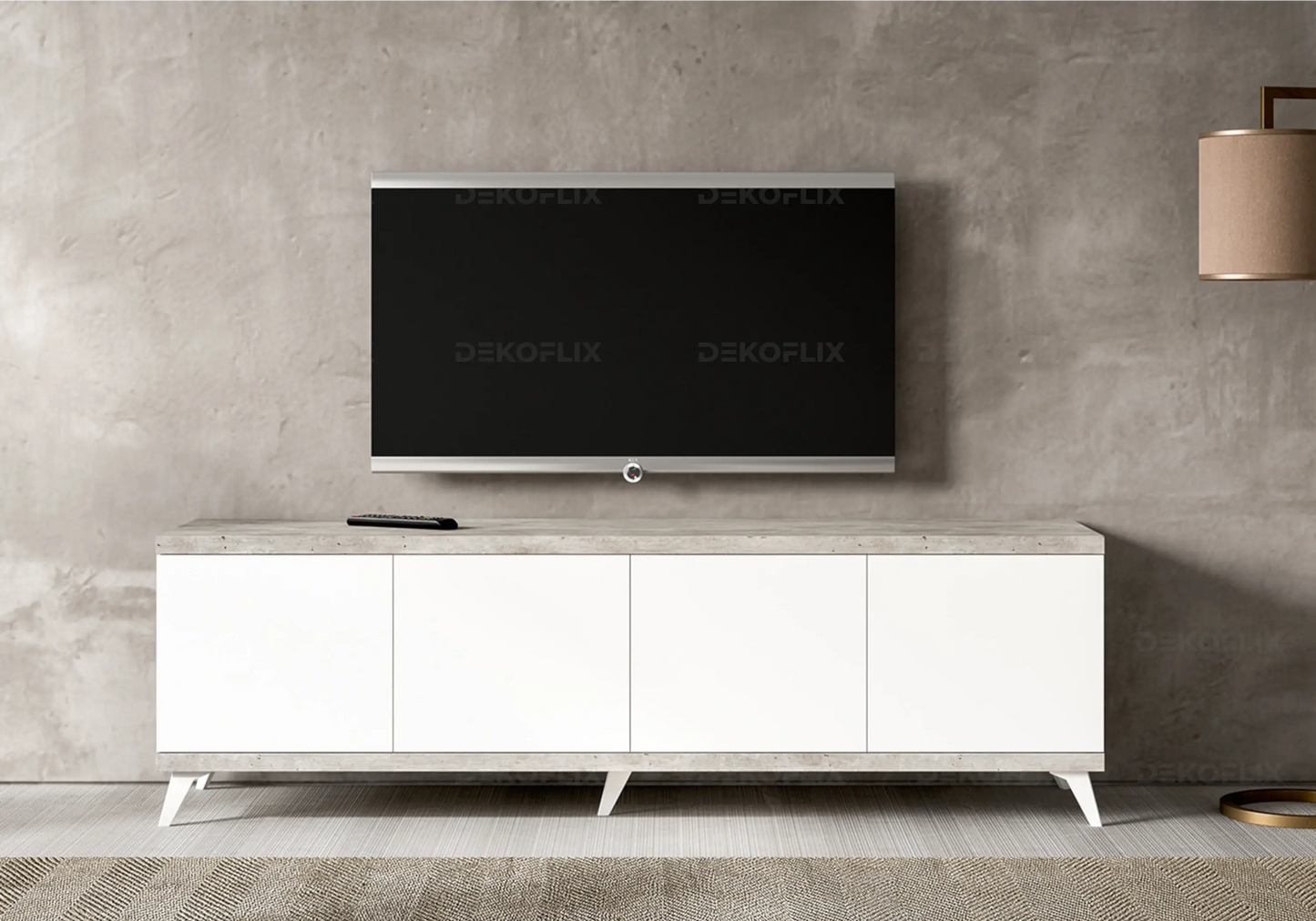 Meuble TV Moderne Blanc Béton – Modèles 3 ou 4 Portes Treviso Status