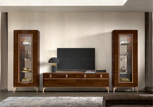 Meuble TV Noyer Doré – Élégance Eva Moderne - Made in Italy DEKOFLIX