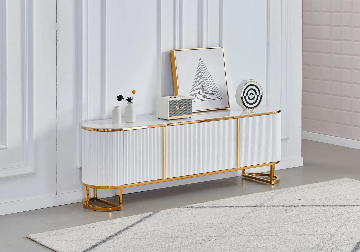 Meuble banc TV marbre blanc céramique NELYA élégant