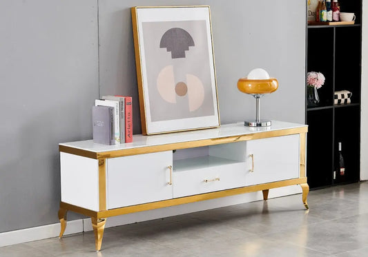 Meuble banc tv doré marbre blanc MANON New Design