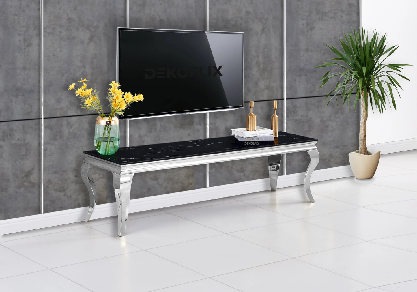 Table marbre noir et chaises velours noir argent - NEO