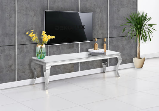 Meuble TV verre blanc pied argent – NEO
