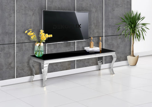 Meuble TV verre noir pied argent – NEO
