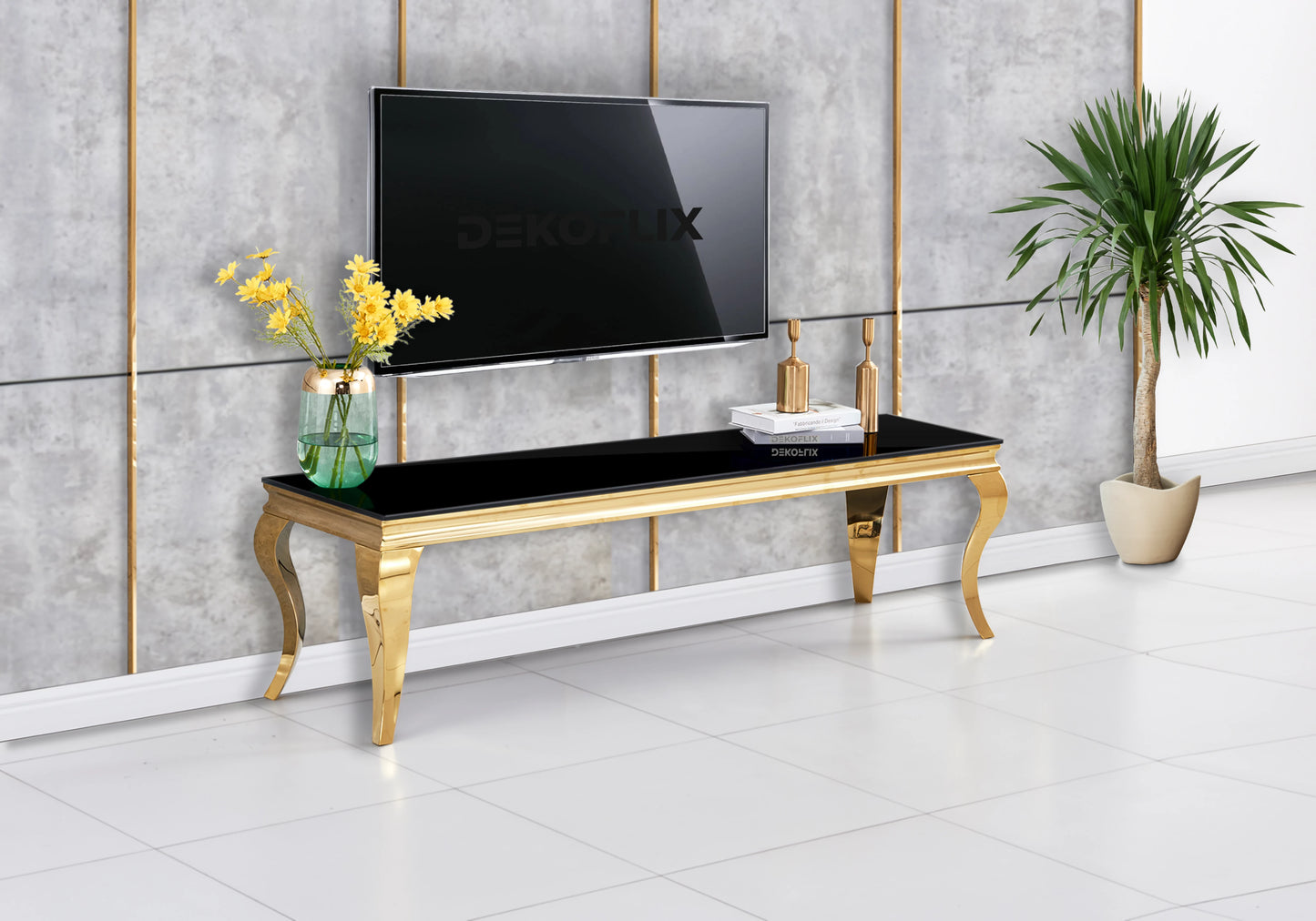 Table verre noir et chaises simili-cuir blanc doré – NEO