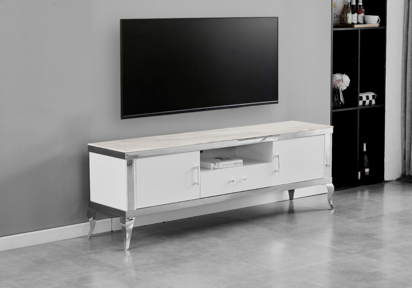 Meuble TV 170 cm marbre beige argent – Neo