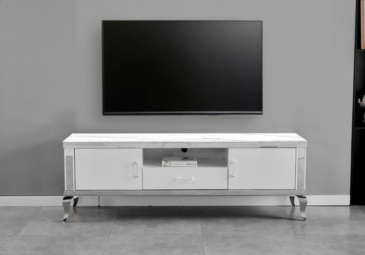 Meuble TV 170 cm marbre blanc argent – Neo