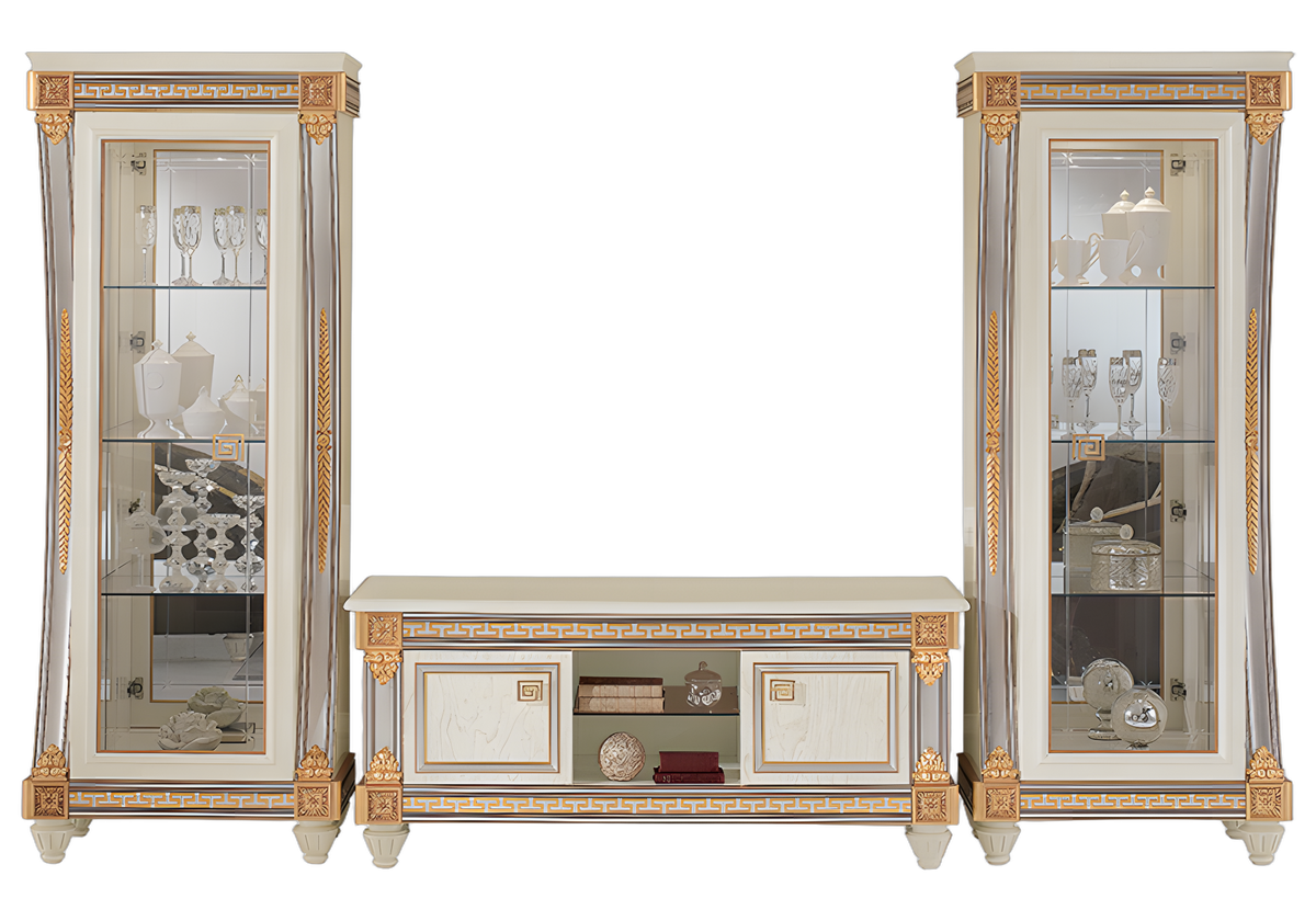 Meuble TV avec vitrines blanc laqué et doré - Liberty