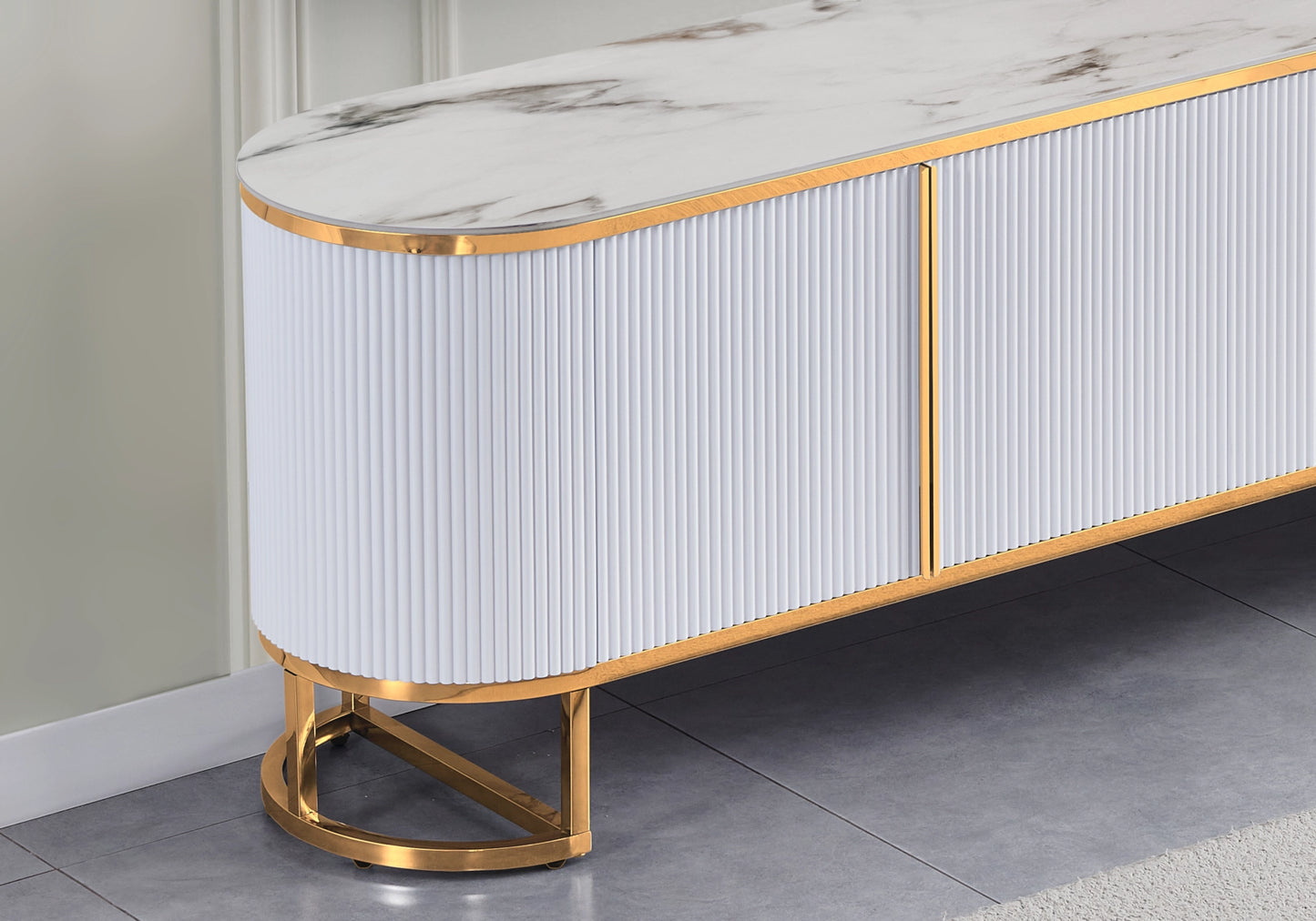 Meuble TV ovale cannelé marbre beige doré - NALIA
