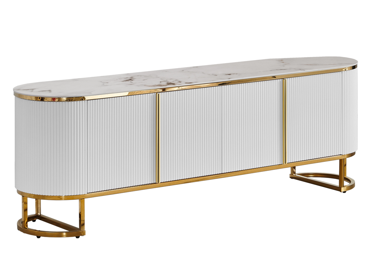 Meuble TV ovale cannelé marbre beige doré - Nalia
