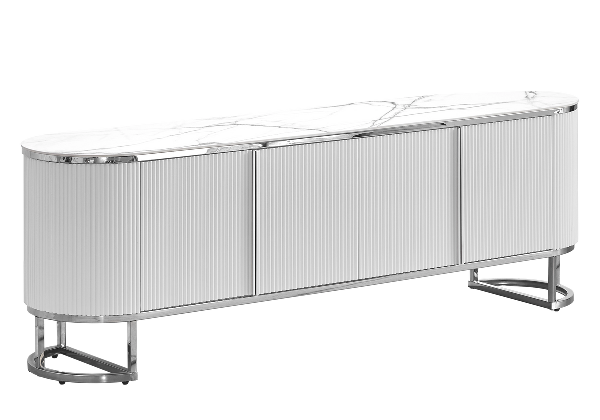 Meuble TV ovale cannelé marbre blanc chromé - Nalia