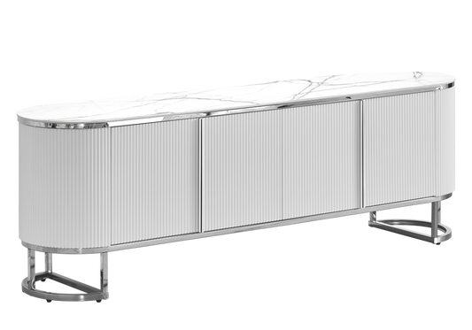 Meuble TV ovale cannelé marbre blanc chromé - NALIA