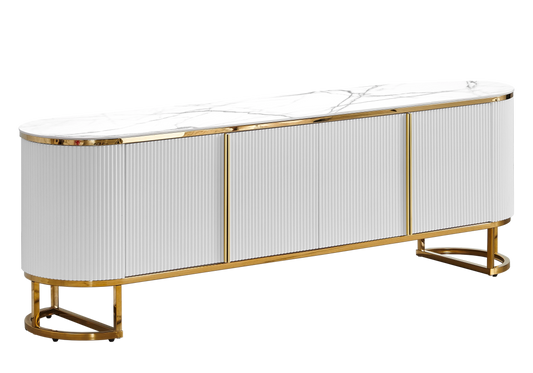 Meuble TV ovale cannelé marbre blanc doré - NALIA