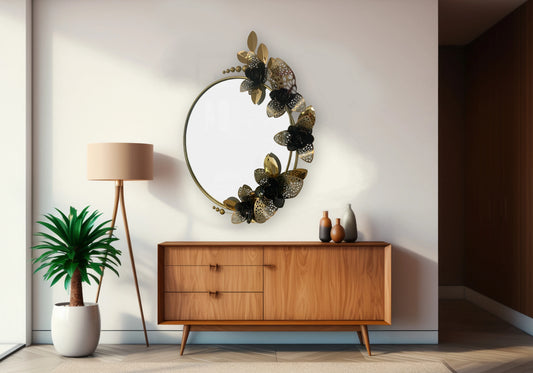 Miroir rond fleur métal doré noir – ORIA